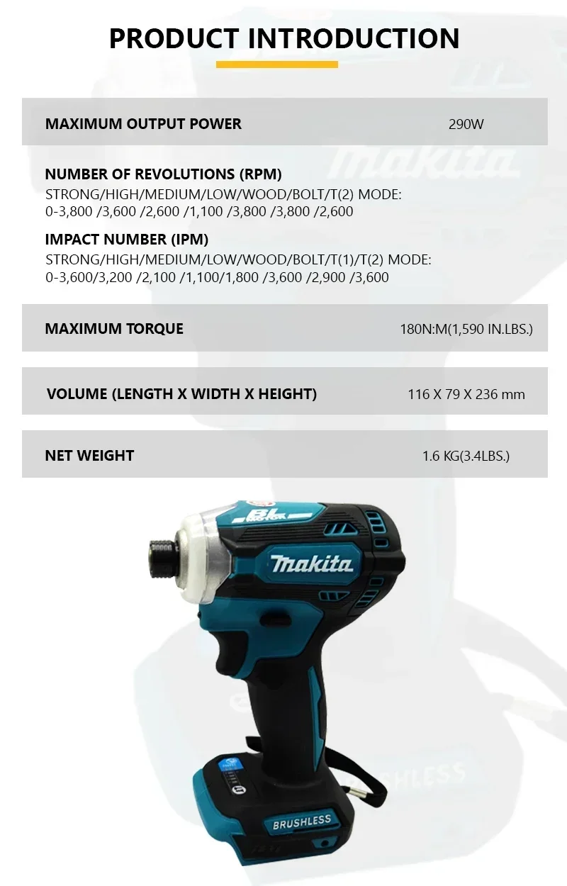 ไขควงกระแทกไร้สาย Makita DTD171 มอเตอร์ไร้แปรงถ่าน ไขควงไฟฟ้าลิเธียม แรงบิดสูง ใช้แบตเตอรี่ Makita 18v เครื่องมือไฟฟ้าแบบชาร์จได้
