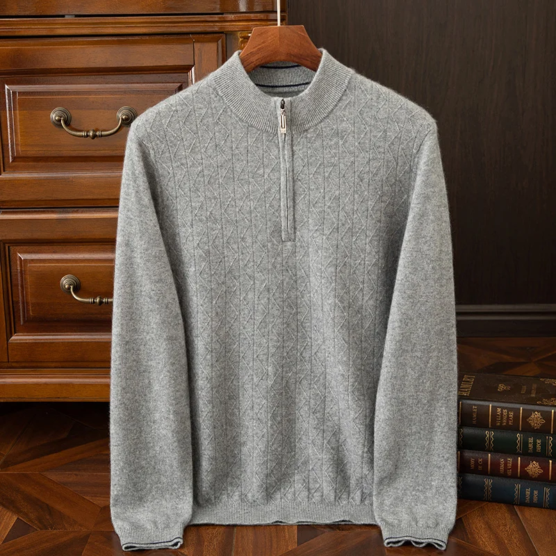 2024 Autumn/Winter New Collection (100% Cashmere) Men's Casual Round Neck Half Zipper Solid Color Casual Sweater for Men