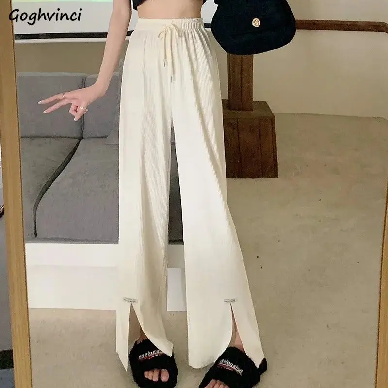 Wide Leg Pants Women Slit Loose Solid Drawstring Fashion Summer Ladies Clothing All-match Soft Simple High Waist Casual Chic