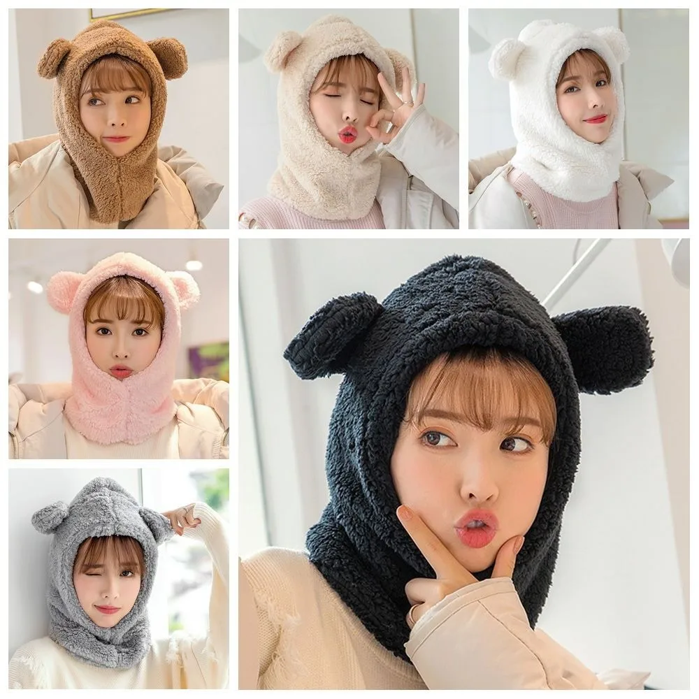 Fashion Cute Bear Ear Hat Scarf Windproof Cartoon Winter Warm Hedging Cap Korean Style Solid Color Plush Hat Scarf Outdoor