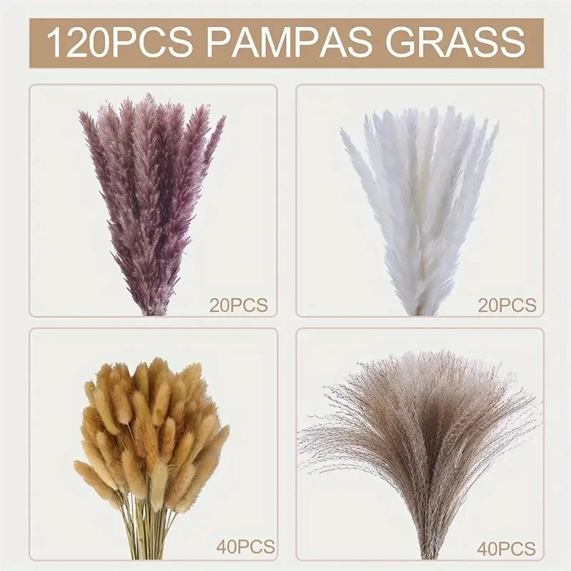 Fofo Seco Pampas Grama, Branco Reed Bouquet, Pequenas Flores Rabbittail, Quarto Boêmio, Casa, Quinta, 17,3 Polegadas, 120Pcs