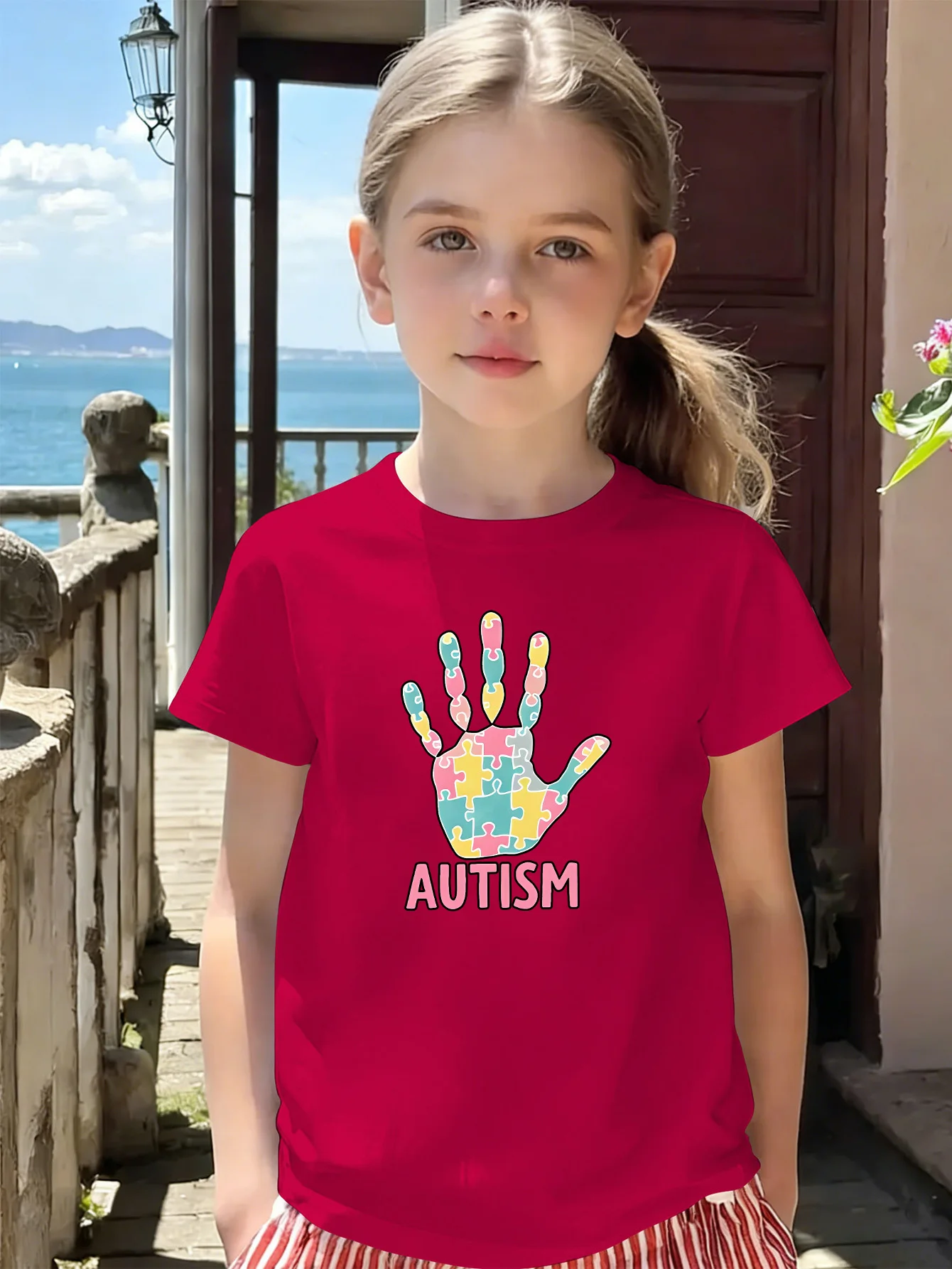 Autism Puzzle Palm Pattern Warm Public Welfare Kids T Shirt Boys Girls Short Sleeve Crew Neck Parent Matching Tops Toddler Youth