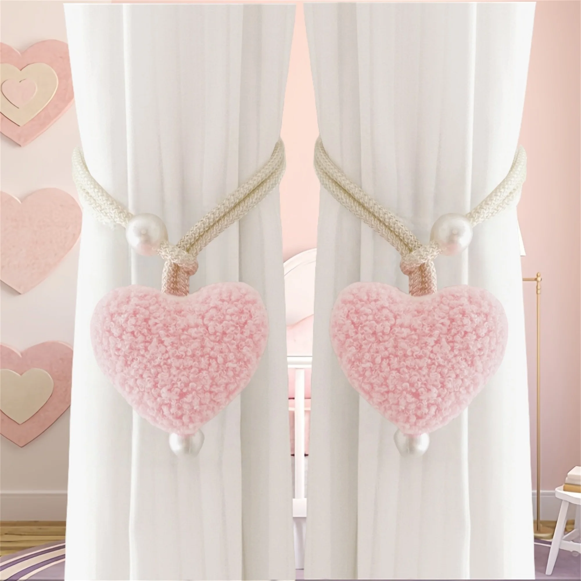 Zestaw 2 ozdobnych, polarowych wiązań do zasłon w kształcie serca, dekoracyjne uchwyty na sznurki do zasłon, akcesoria do dekoracji okien w domu.