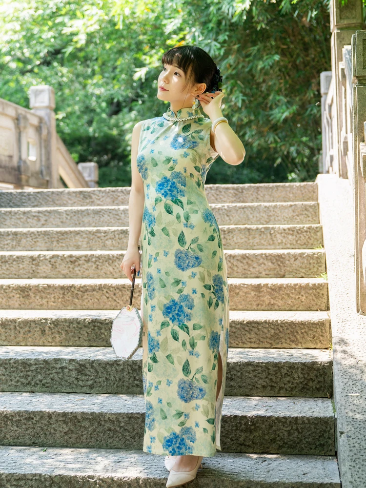 

Весенне-летнее шелковое атласное эластичное платье-ципао для повседневной носки, приталенное, винтажное, длинное, дышащее, с цветочным узором