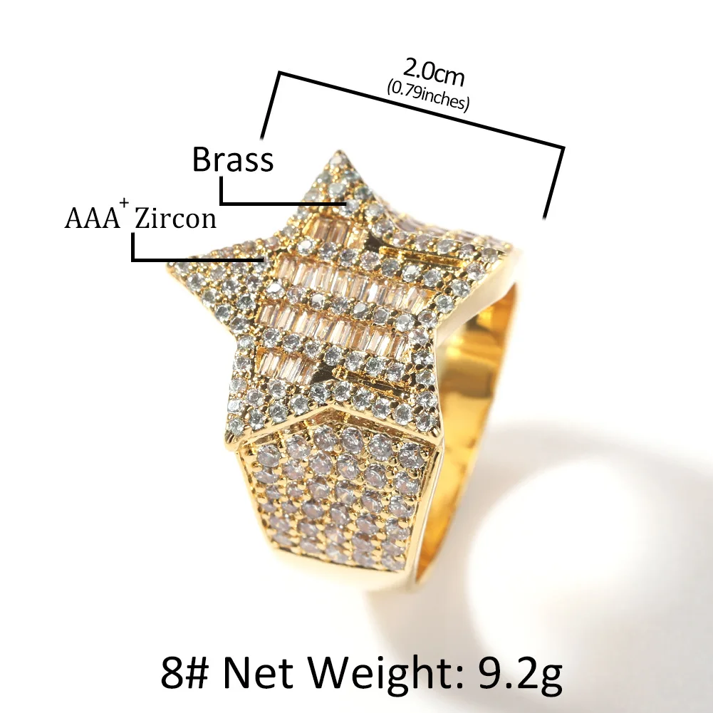 T Square Zircon Pentagram Shape CZ Style Bling Bling Iced Out Zircon Mirco Pave Prong Setting Brass Ring Hip Hop Jewelry BR052