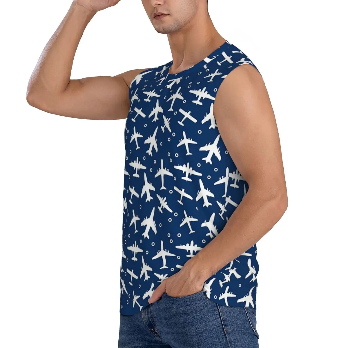 Blue And White Aeroplanes Silhouette Pattern Men Sleeveless Tank Tops Quick Dry Breathable Gym Fitness Running Summer Sport Vest