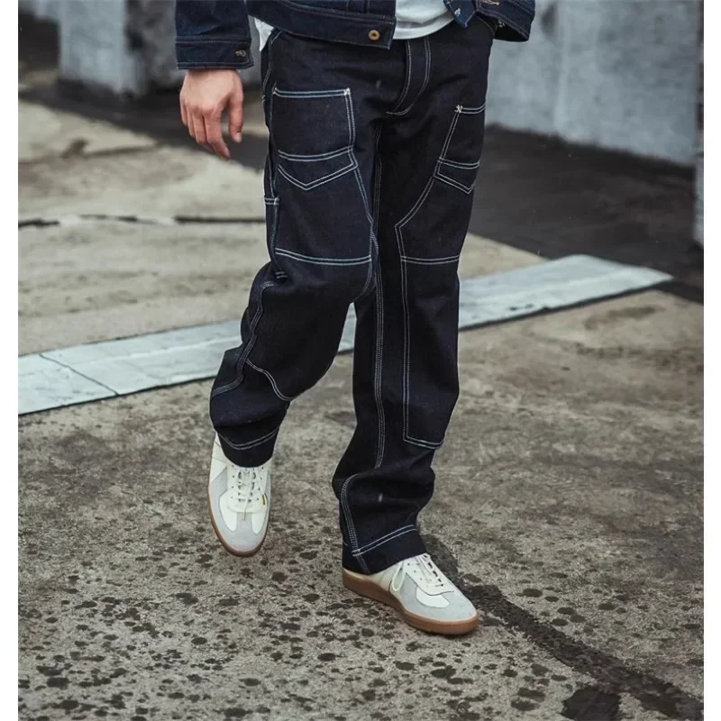 Workwear Cargo Jeans Loose Casual Trousers with Simple Color and Long Staple Cotton Denim Pants