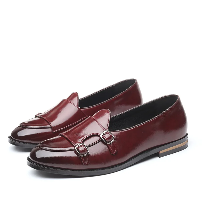 Fashion Belt Double Buckle Small Leather Shoes Men Wedding Party Shoes Pointed Toe Solid Color Youth Men Single Shoes Flat Heels