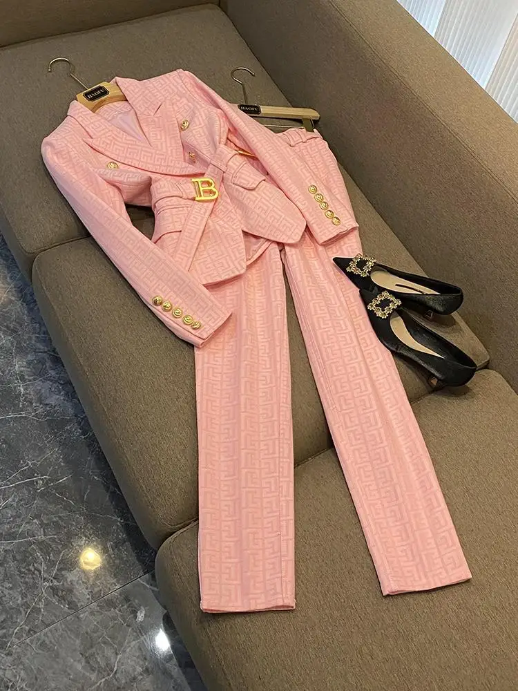 

Ele Yellow Floral Embroidery Fabric Women's Suit Pants And Belt European Korean Sle Two-Piece Set Commute Faion