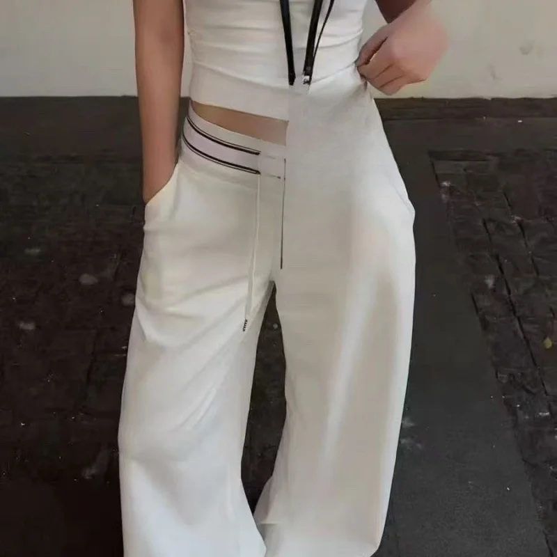 Women Wide Leg Pants with Letter Tape High Waist Loose Fit Casual Trousers Soft Comfortable Early Autumn Fashion Bottoms