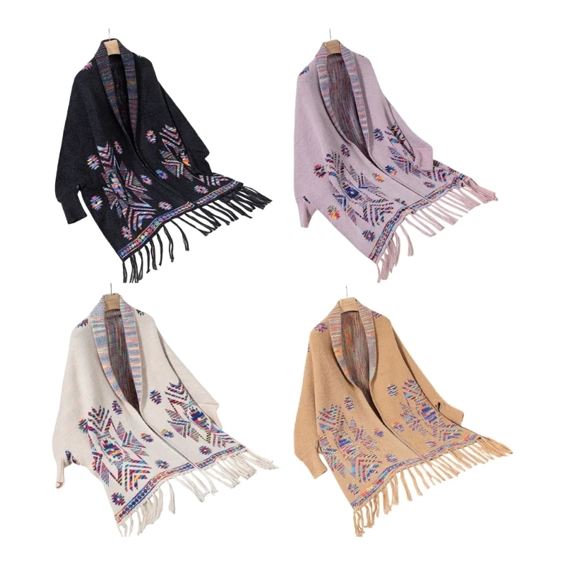 Geometric Jacquard Tassels Shawl Wrap for Women Ethnic Sleeve Knit Sweater Cardigan Open Front Ponchos Shrug