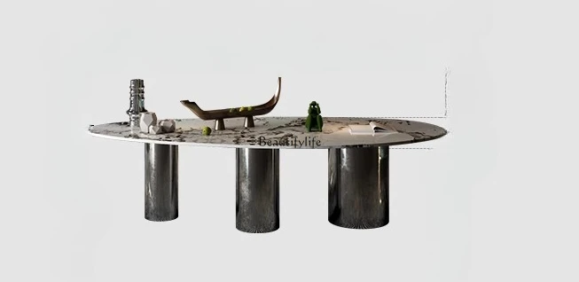 

04Dining table Italy imported luxury stone slate light luxury high-end modern simple villa wabi sandy wind