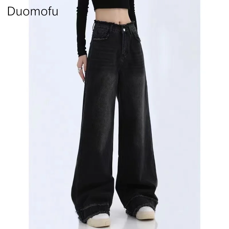 

Duomofu Fashion Vintage Streetwear Raw Edge High Waist Wide Leg Jeans Women Baggy Denim Trousers Oversized Female Chic Mom Jeans