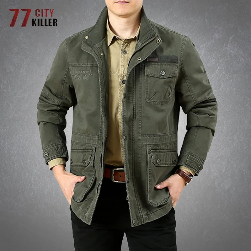 Spring Autumn Men's Military Cargo Jackets Casual 100% Cotton Multi-pocket Stand Collar Loose Mid-length Coats Male Big Size 6XL