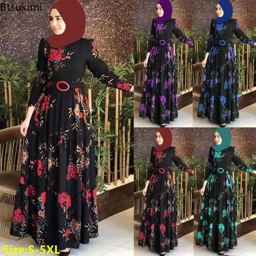 

Muslim Vintage Print Dress for Women Elegant Abaya Ethnic Style Temperament Maxi Dress Turkish Kaftan Robe Belt Vestidos Femme