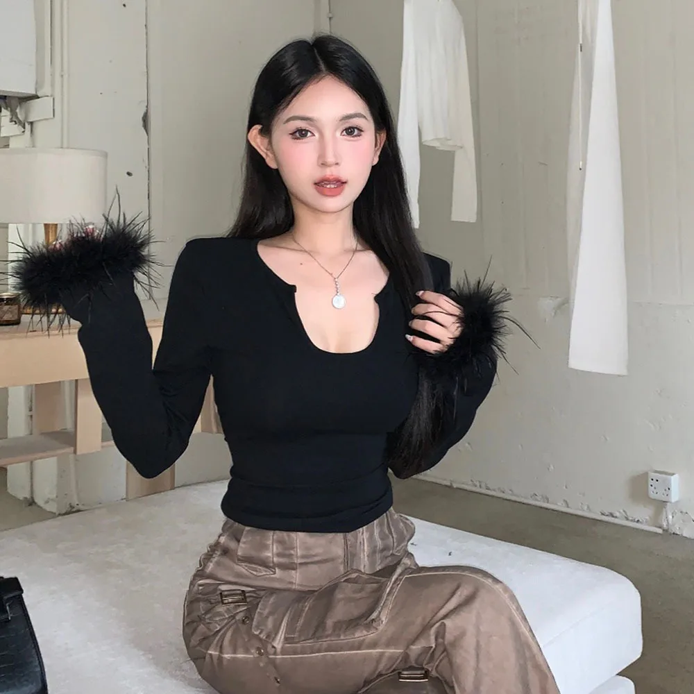 

Fashion Sexy T-shirts for Women Feathers Patchwork Solid Color Slim Fit Tees Female Simple Korean Style Streetwear Black Tops