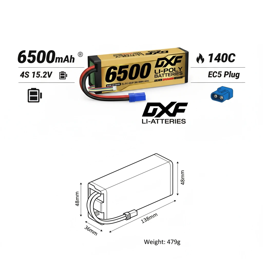 DXF 4S Lipo Battery 15.2V 6500mAh 140C EC5 Plug Hardcase LCG for 1/8 Buggy Graphene Truggy Offroad Car Boat Truck RACING