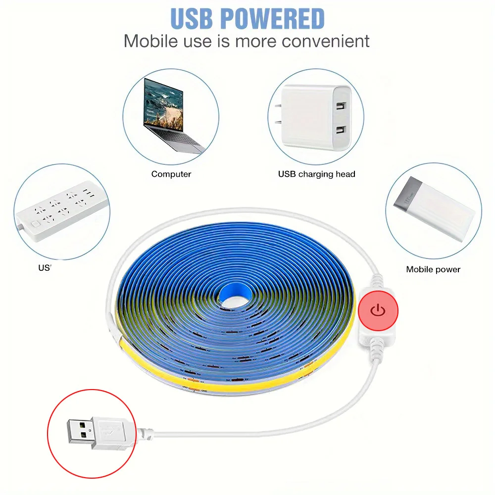 Taśma oświetlenie COB LED 5V USB dotykowa regulacja ściemniania elastyczna dioda liniowa wewnętrzna lampa oświetleniowa pokoju DIY TV lustro