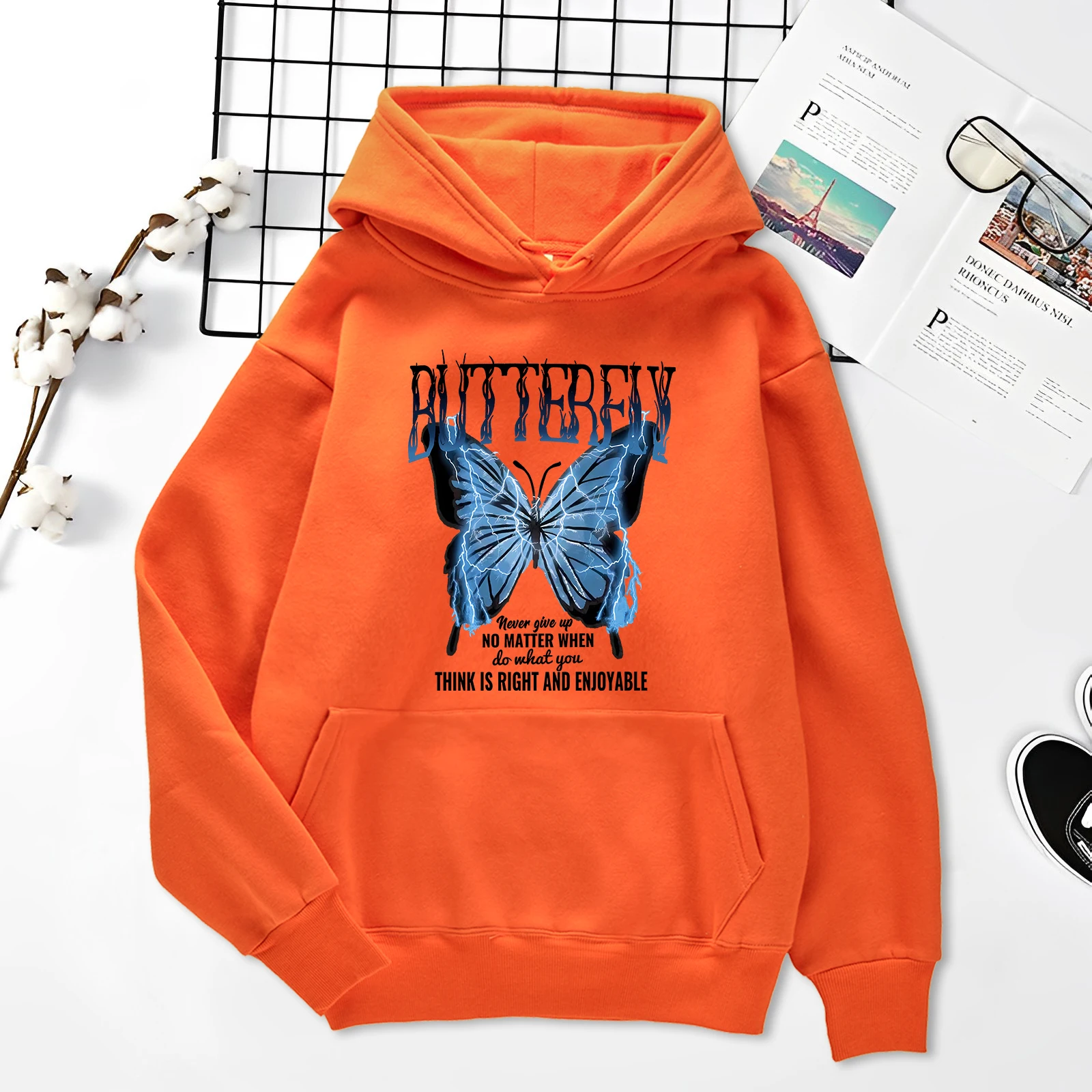 Blue Lightning Butterfly Creative Word Printing Clothes Mens Hip Hop Style Fleece Pullover Street Fashionable Male Hoody