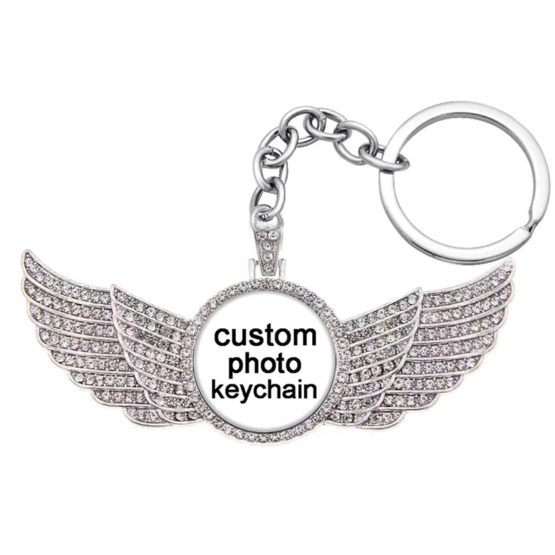 

Персонализированный посеребренный брелок с хрустальными крыльями на заказ, круглая фотография, семейный логотип, детский символ, индивидуальный дизайн, подарок для фото