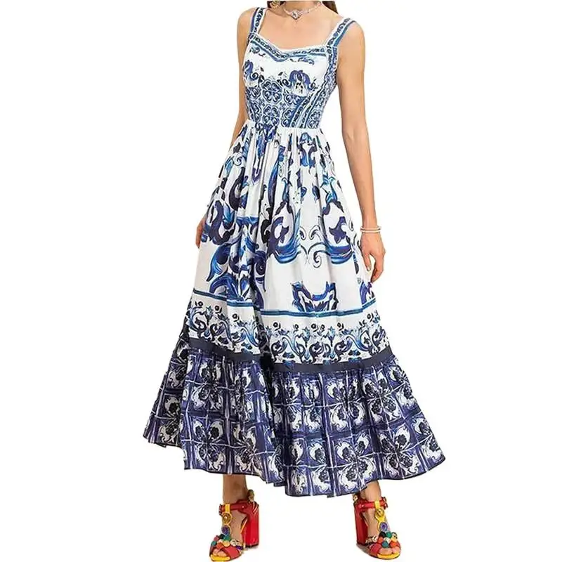 Summer Women\'s Bohemian Sling Long Dress 2025 Spring New Holiday Beach Female Elegant Big Swing Print Sleeveless A-line Dresses