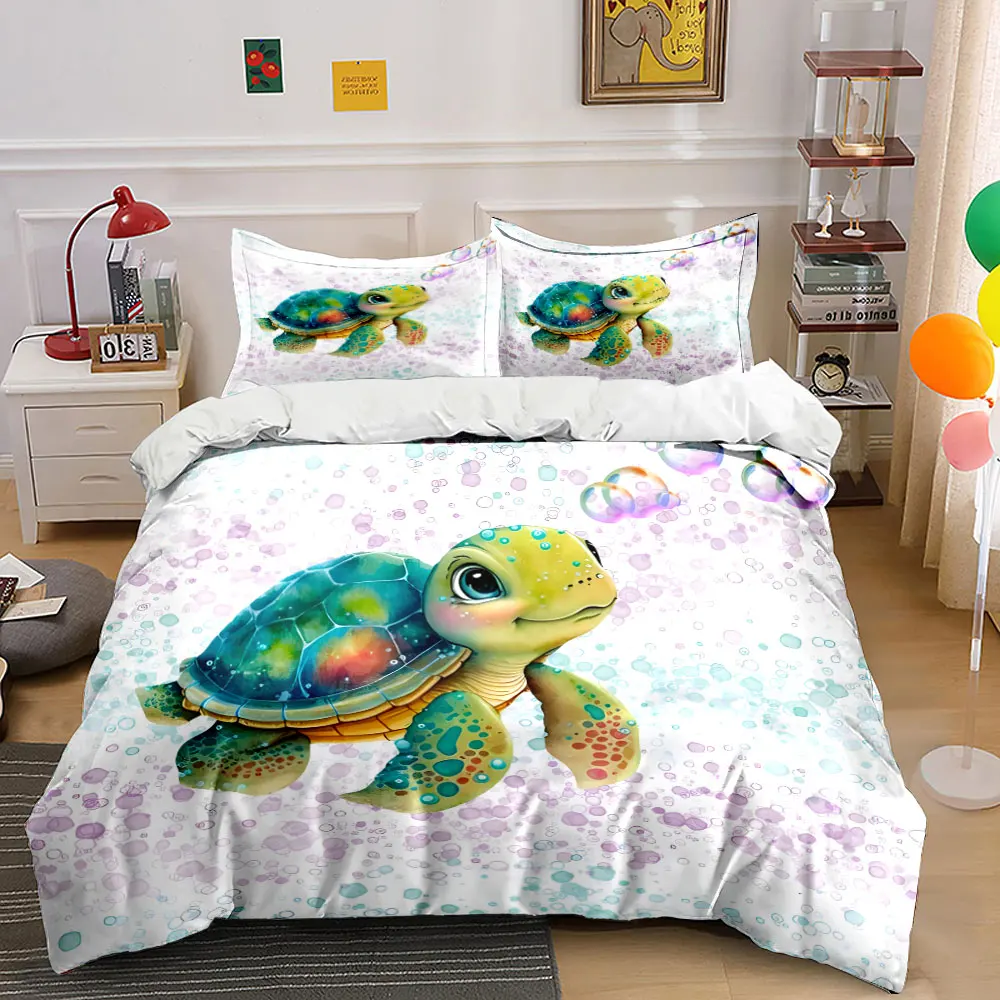 Colorful turtle with floating bubbles Bedding Set for Kids Luxury Gift 3pcs Digital Print Comforter Set Soft Comfortable