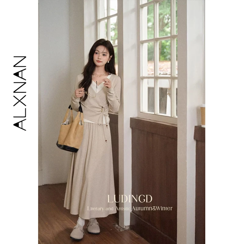 ALXNAN حجم كبير تنورة دقيق الشوفان عادية طويلة مرونة الخصر ألف خط التنانير 2025 الخريف أنيقة فضفاضة تناسب مكتب سيدة الملابس D12729