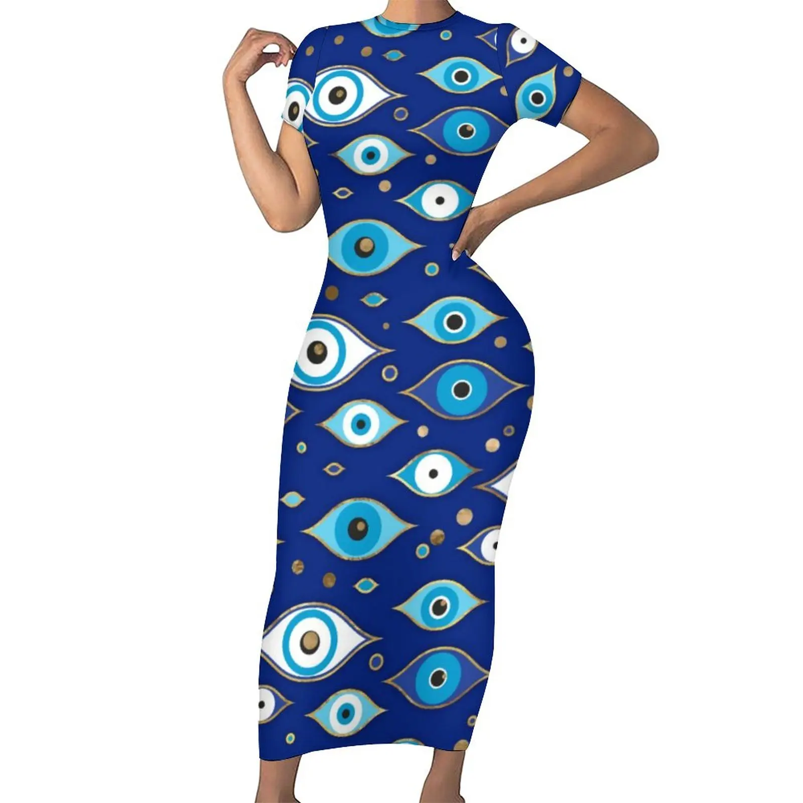 Blue Evil Eye Bodycon Dress Female Greek Mati Mataki Sexy Maxi Dresses Summer Short Sleeve Street Style Printed Dress 4XL 5XL