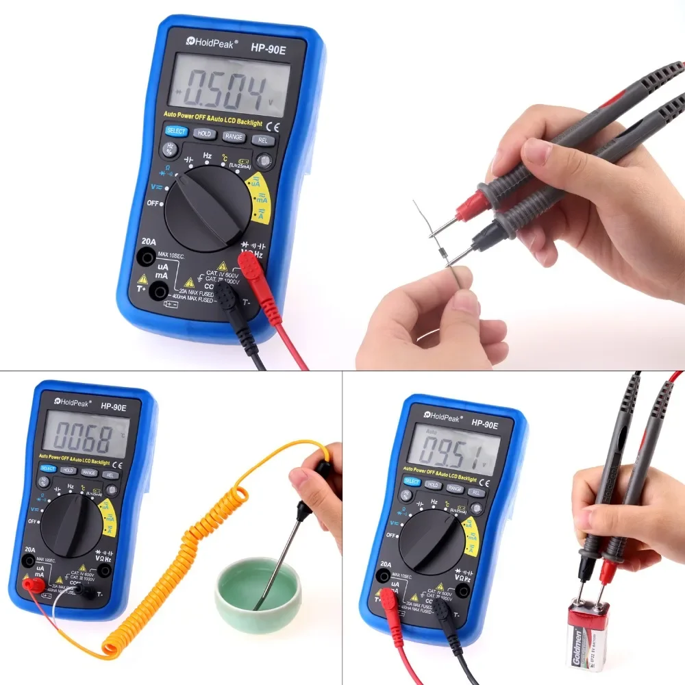 Holdpeak-プロフェッショナルデジタルマルチメータ、測定器、自動範囲、データ保持付きマルチメーター、バッテリーテスト、HP-90E