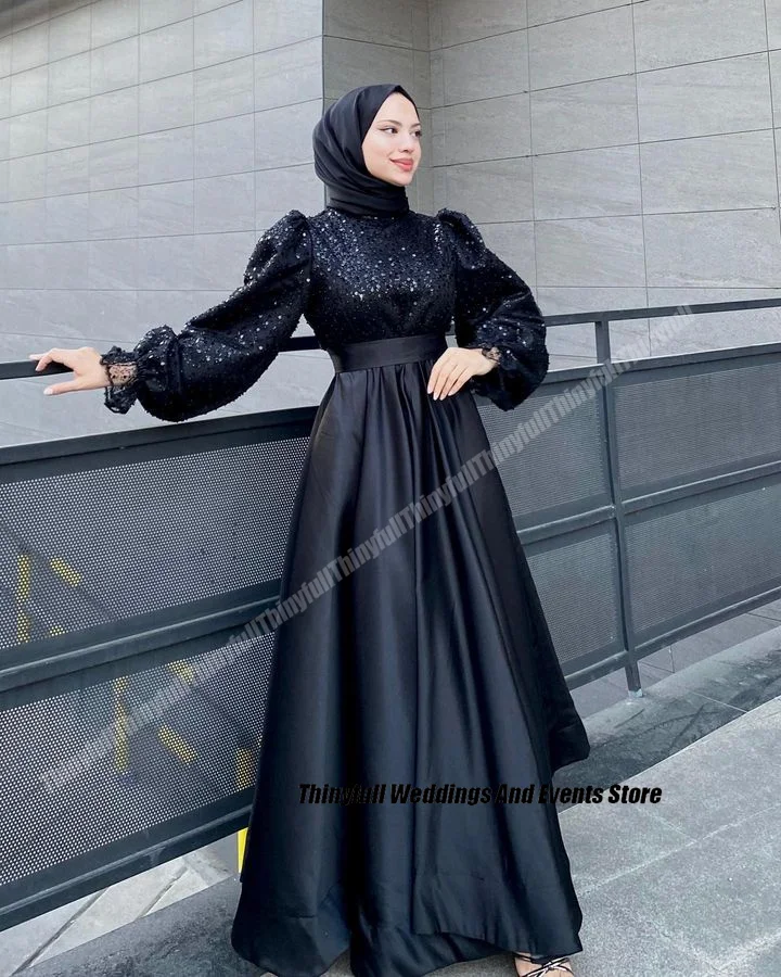 Thinyfull A-line Black Prom Dresses High Neck Long Sleeves Satin Sequined Evening Party Gowns Formal Occasion Dress