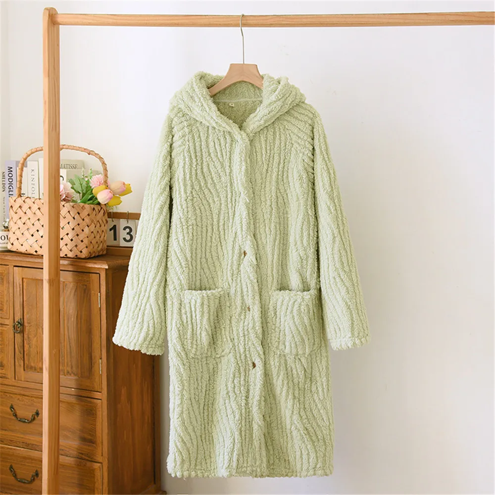 Autumn Winter Hooded Thick Bathrobe Women Coral Fleece Button Sleepwear Robe Female Dressing Gowns Loose Flannel Robes 3
