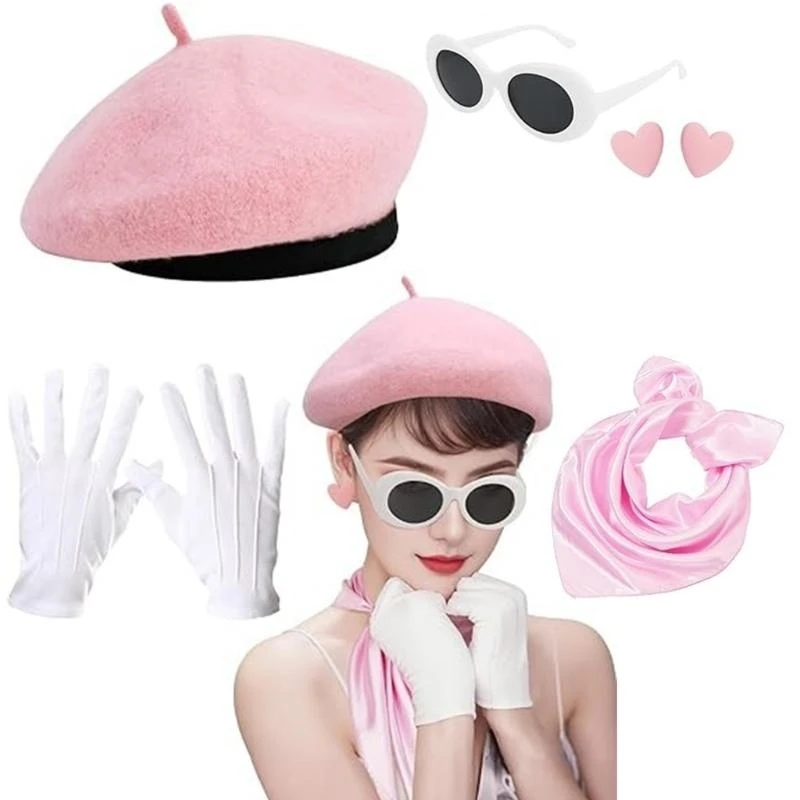 652F Ladies 1980s Costume Hat with Sunglasses Heart Earrings Gloves Scarf for Women Birthday Themed Party Music Festival