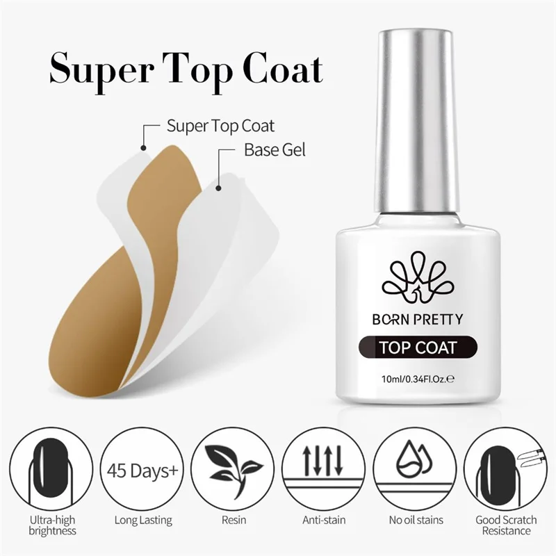 BORN PRETTY 10ml Super Top Coat Stain Resistant Gel Top Coat No Wipe Clear for Gel Nail Polish High Gloss Varnish for UV Gel