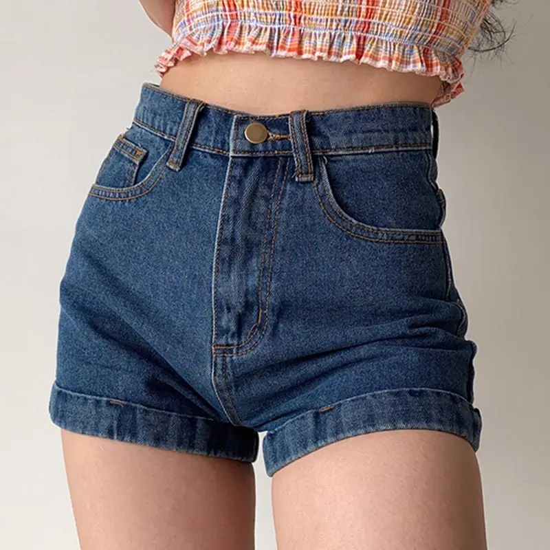 High Waist Crimping Denim Shorts for Women Summer Blue Retro Curled Wide Leg Hot Pants Casual Jeans Slim Fit Y2K Clothing