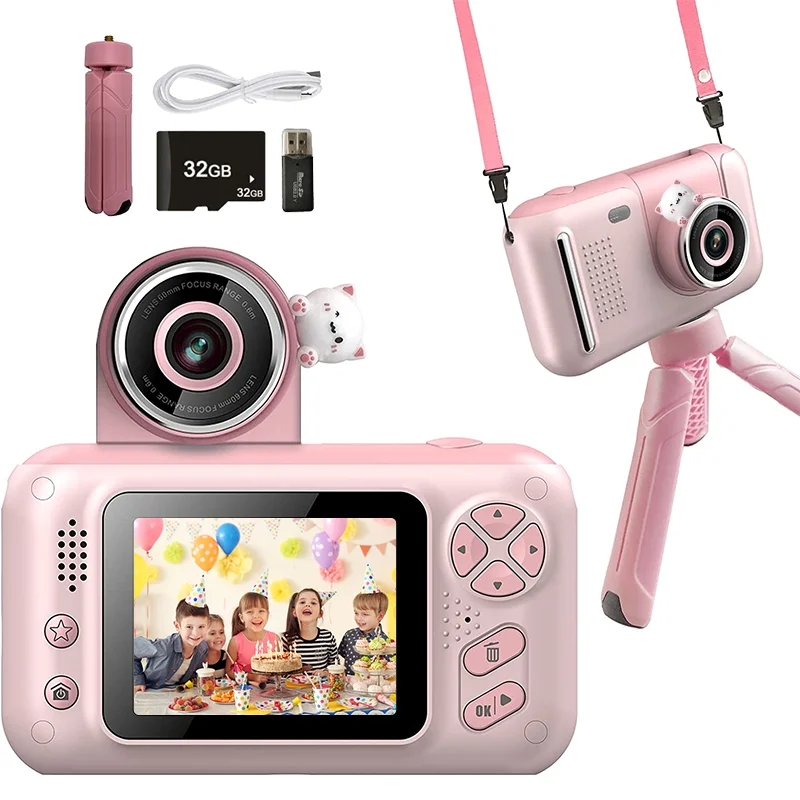 Kids Camera with Flip-up Lens for Selfie HD Digital Camera for 3 4 5 6 7 8 Year Old Girls Birthday Gifts with 32GB SD Card