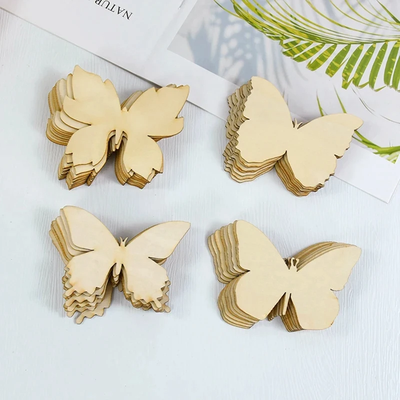 80PCS Wooden Butterfly Blank Wood Slices Set Kids Painting Crafts Wedding Easter Home Decorations Set Butterfly Party DIY Gift