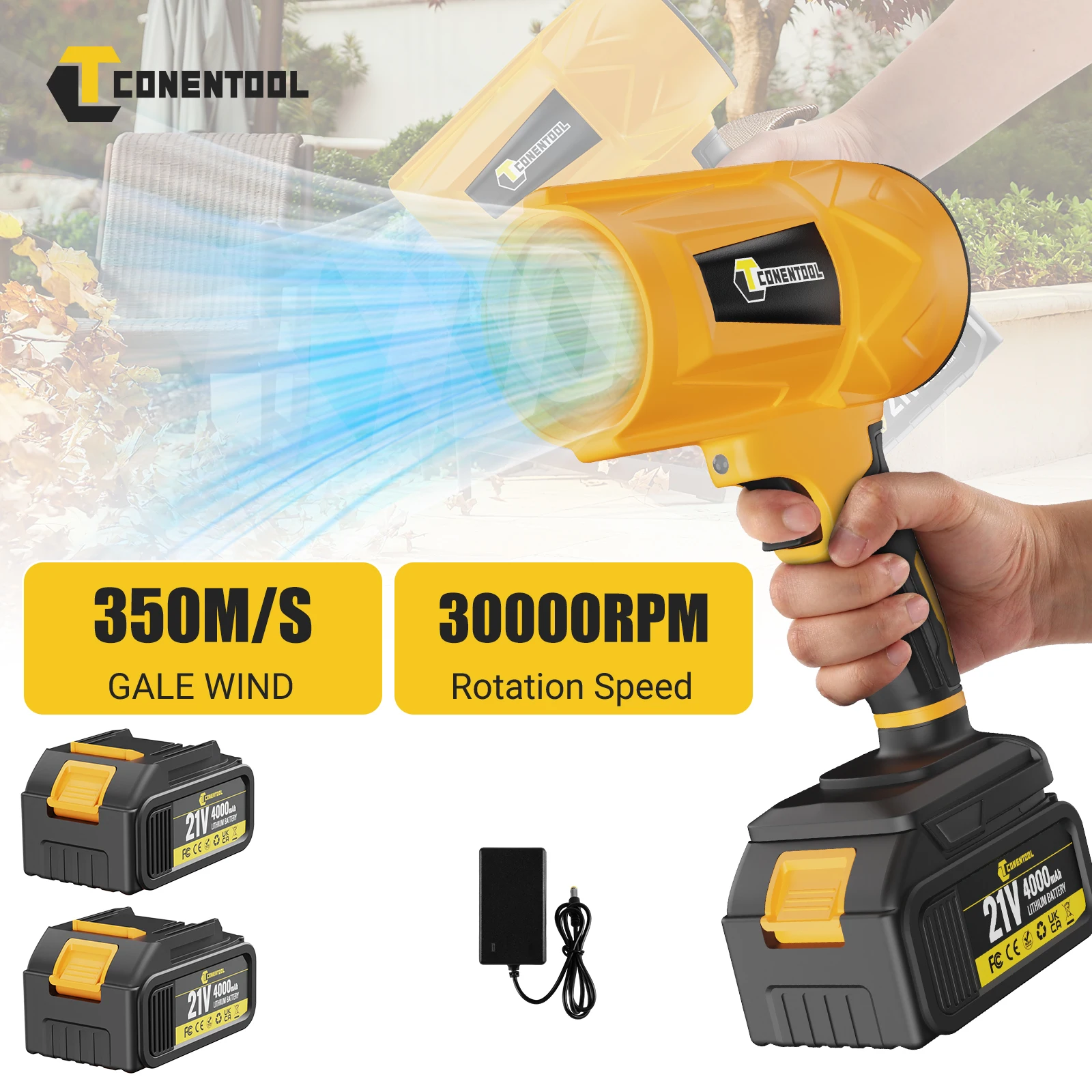 CONENTOOL 350M/S Soffiatore Elettrico Turbo Senza Fili per Foglie, 2 Batterie 4.0Ah, Soffiatore di Polvere, Attrezzo da Giardino per Batteria Makita 18V