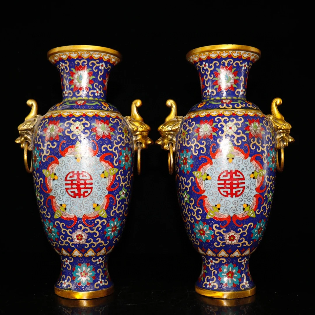 

15"Tibetan Temple Collection Old Bronze Cloisonne Enamel Floral Texture Dragon Head Bottle Vase A Pair Fuzi Longevity Bottle