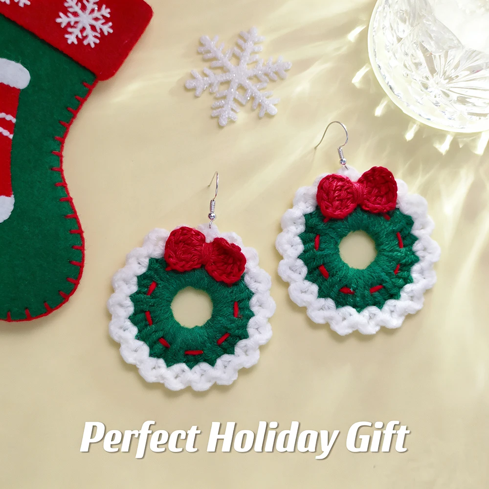 Crochet Fashion Merry Christmas Wreath Circle Hoop Earrings for Women Girls New Year Party Festival Jewelry Gifts