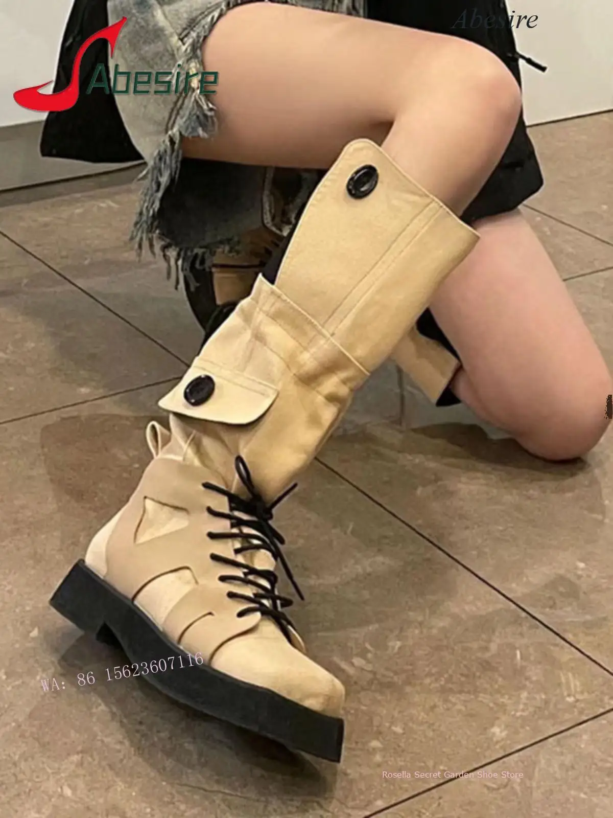 New Personality Niche Design Drawstring Hiking Boots Square Toe Thick Sole Heightening Women's Knee-High Boots Outdoor Trendy