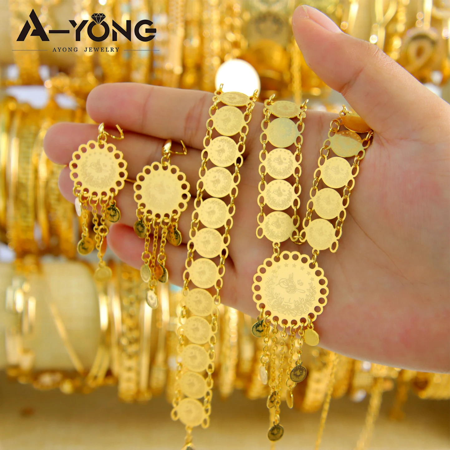 Arabische Hochzeit Gold Schmuckset 21k vergoldet türkische Münzen Anhänger Halskette Dubai Frauen Event Party Vintage Schmuck – Detail 3