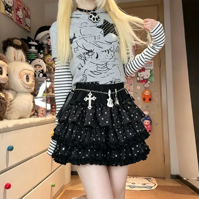 Kimotimo Cute Star Print Bow Fluffy Cake Skirt Women Elastic Waist Ruffle A-line Mini Skirts Japanese Vintage Sweet Y2k Faldas