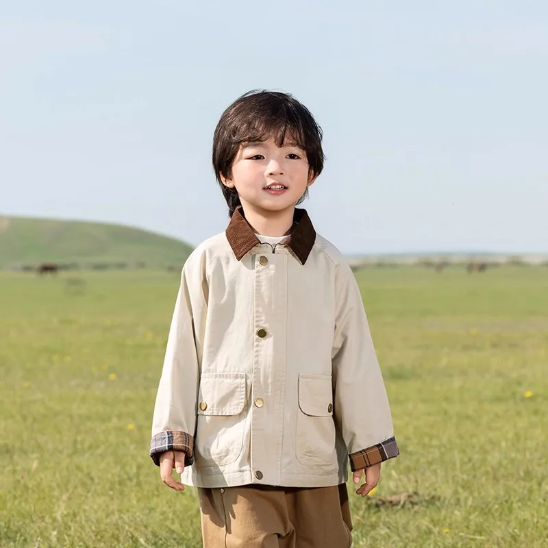

Spring Autumn Baby Boys Cotton Contrast Patchwork Single-Breasted Zip Lapel Retro Jackets Kids Coat Top Children Outfit 1-10 Yr