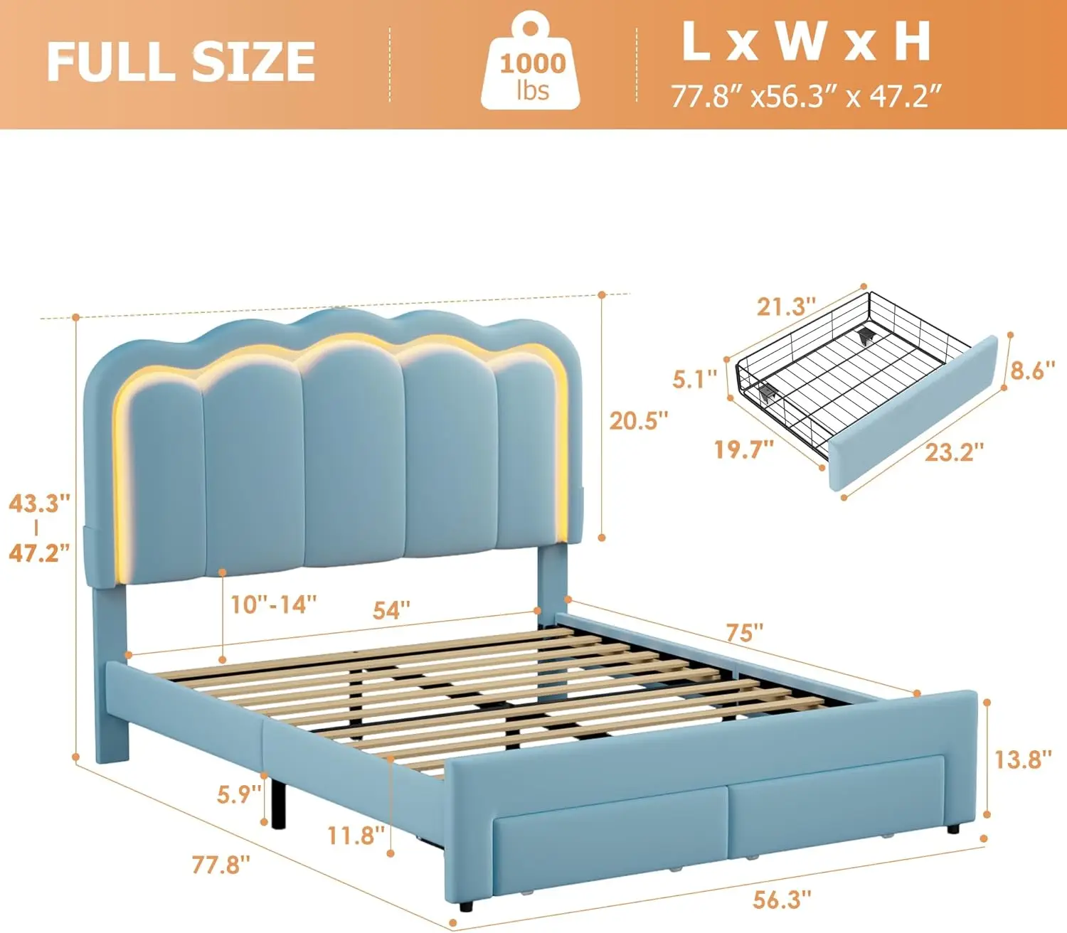 LED-bedframe met 2 opbergladen en verstelbaar chic dubbel golvend hoofdeinde, fluwelen prinsessenplatformbed met oplaadstation