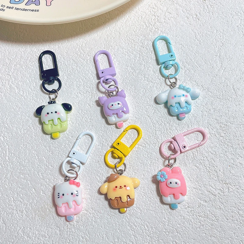 Sorvete Sanrio Comida e Jogo Chaveiro, Ação Figuras Anime, Desenhos Animados Kuromi, Pequeno Pingente, Mochilas Escolares, Acessórios DIY, 1Pc