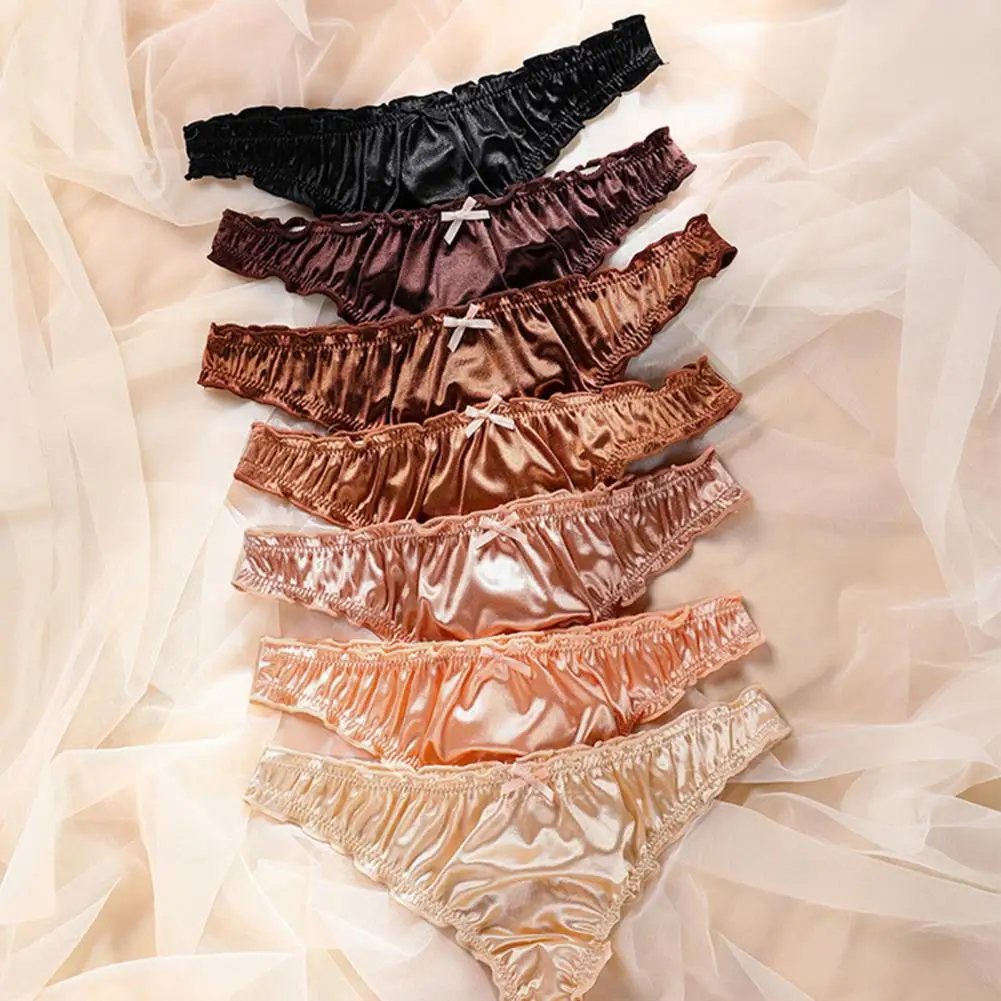 Lightweight Nylon Panties Sexy Satin Thongs for Women Low Rise Ruffle Trim Panties Smooth Silky G-string T-back Underwear
