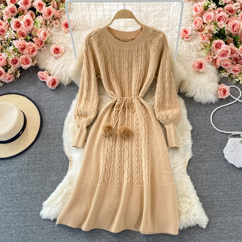 

2024 New Women knitted Sweater Dresses Women Autumn Winter Korea Style Slim Long Sleeves Female O Neck Ladies Midi Dresses