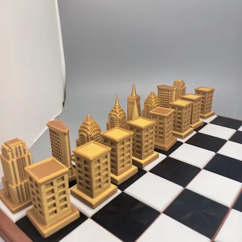 16/32 Pcs Modern Architectural Art Chess Set in Golden And Silver Colors, a Collectible for Adults Desktop Decorative Ornaments