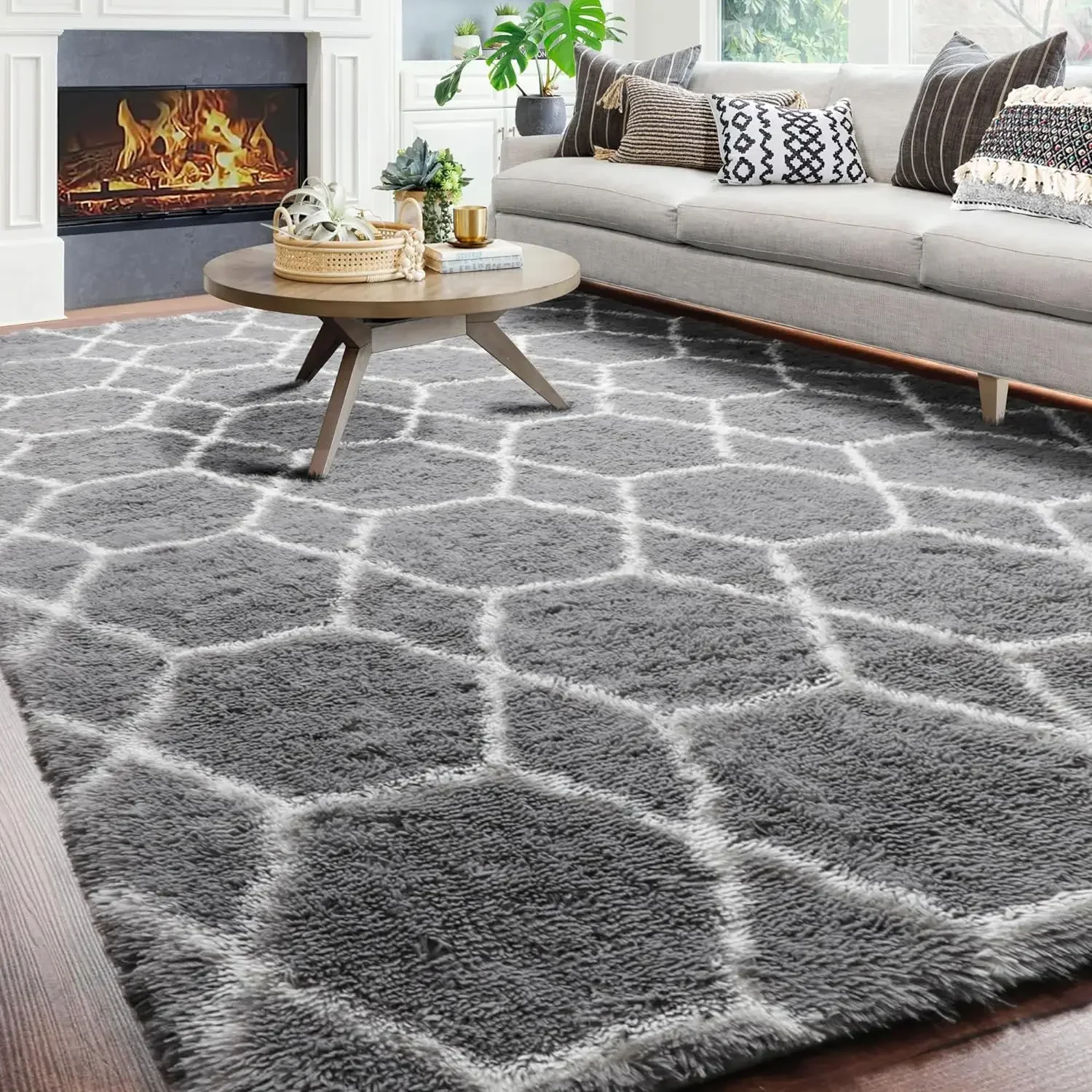 

Furniture supplies8x10 Area Rugs for Living Room, Large Boho Geometric Grey and White Rug, Soft Fluffy Plush Neutral Carpet for