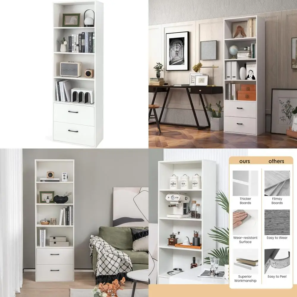 Lemari Penyimpanan Tinggi Modern 6 Tingkat dengan 2 Laci dan 4 Rak Terbuka, Rak Buku Kayu Tinggi 74 Inci untuk Rumah atau Kantor